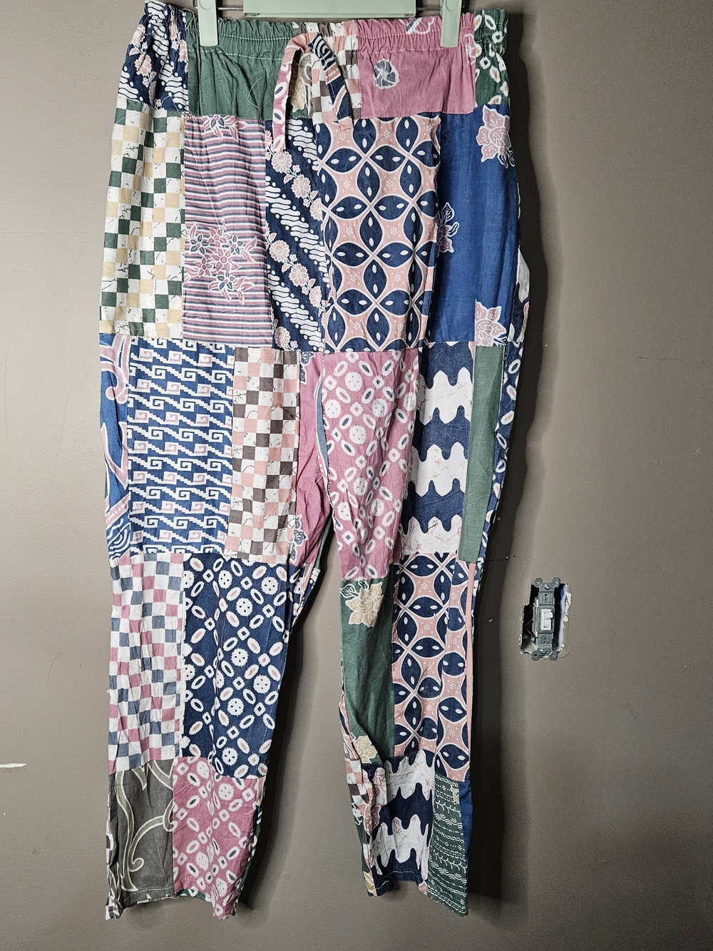 Patchwork Printed Relaxed Pants in Blue, Pink & Green Waist 19"-21" Inseam 30"